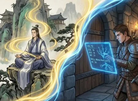 Split composition showing a xianxia cultivator in qi meditation on the left and a progression fantasy adventurer with a status screen on the right