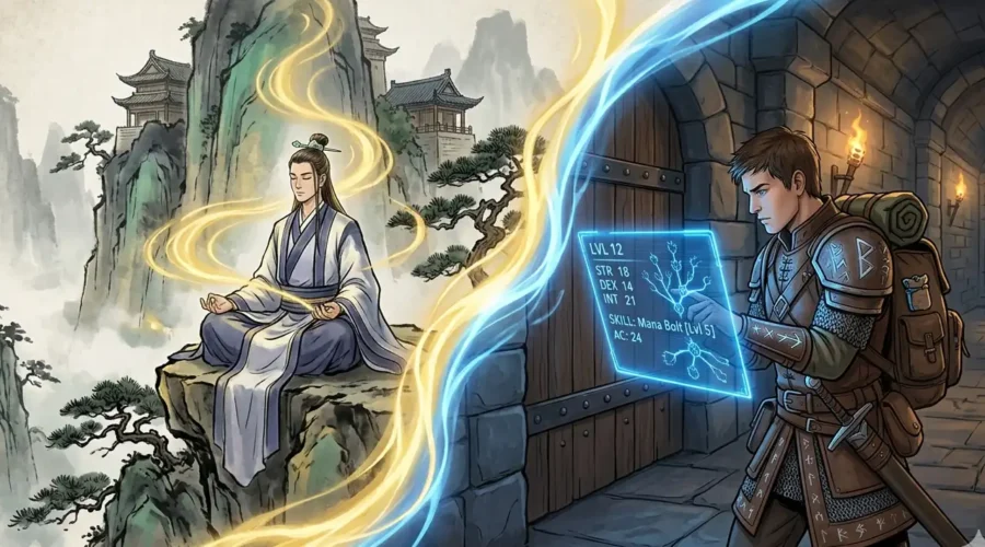 Split composition showing a xianxia cultivator in qi meditation on the left and a progression fantasy adventurer with a status screen on the right