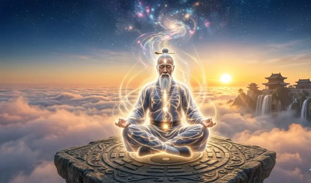 Daoist sage meditating peacefully above the clouds at dawn.