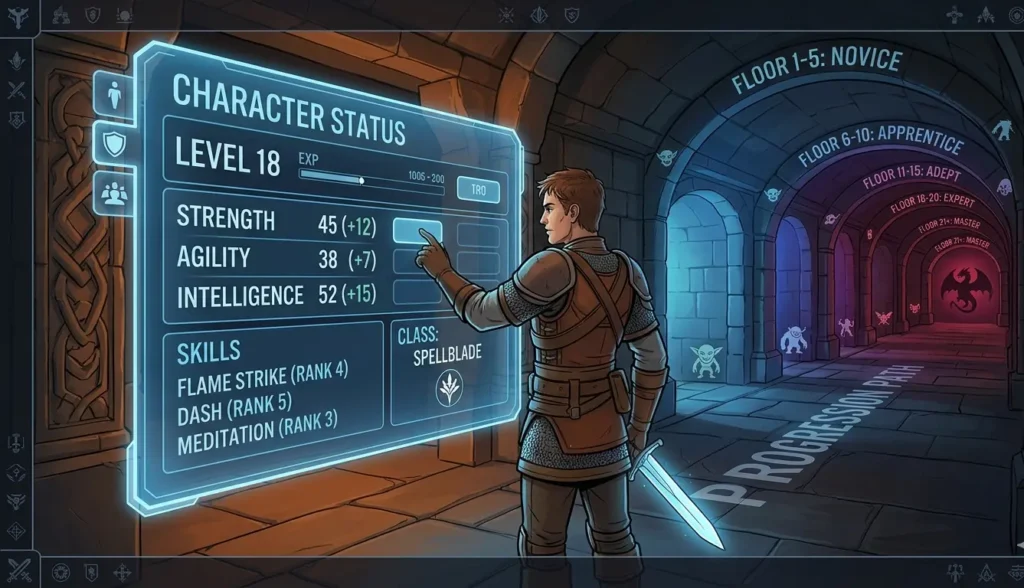 Progression fantasy definition illustration showing an adventurer interacting with a glowing blue video game style status screen displaying stats and skill levels