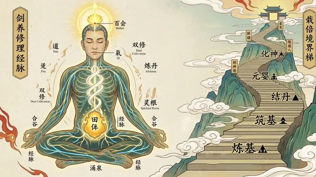 Cultivation novel definition diagram showing a cultivator's dantian meridian system and qi flow with a realm ladder rising into clouds