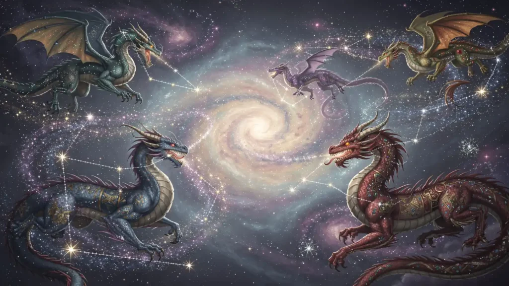 Dragons transforming into stars connecting world cultures