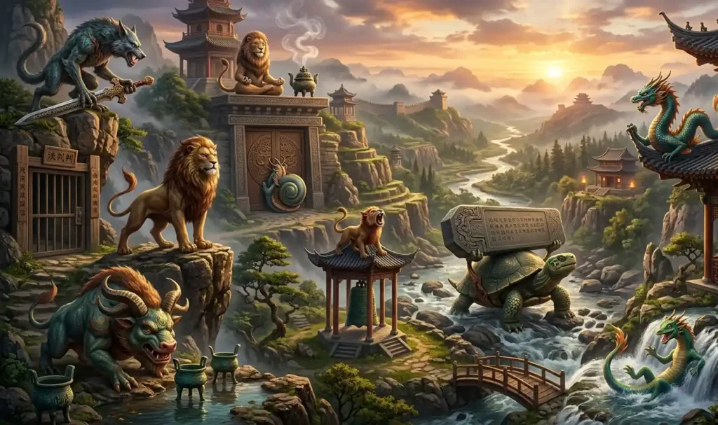Nine dragon sons shown together with distinct appearances.