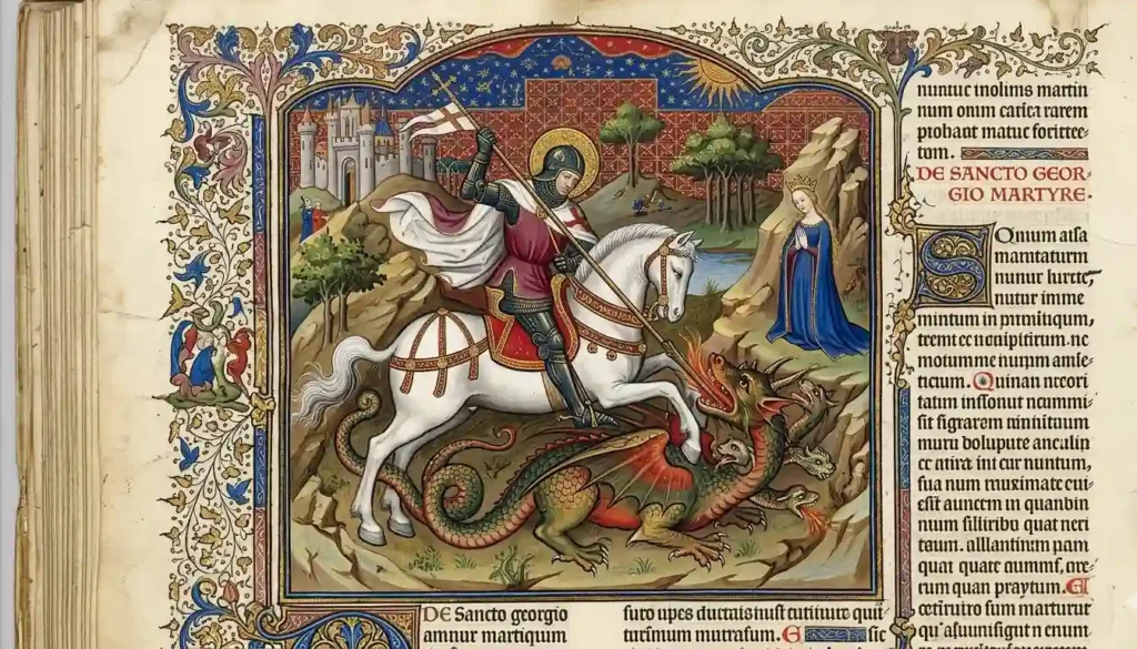 Saint defeating a dragon in illuminated medieval manuscript