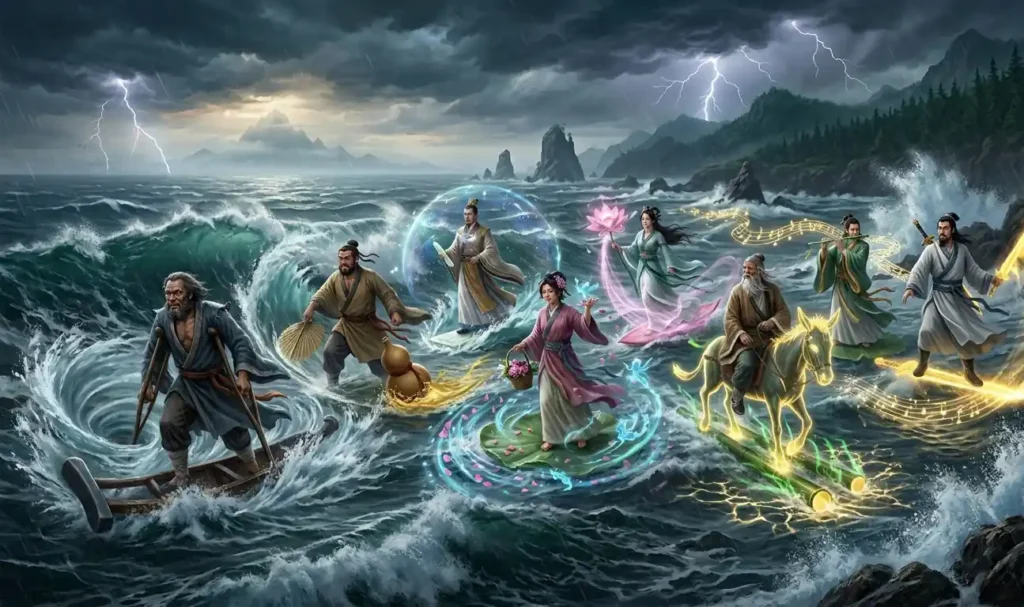 The Eight Immortals rising together into the heavens.