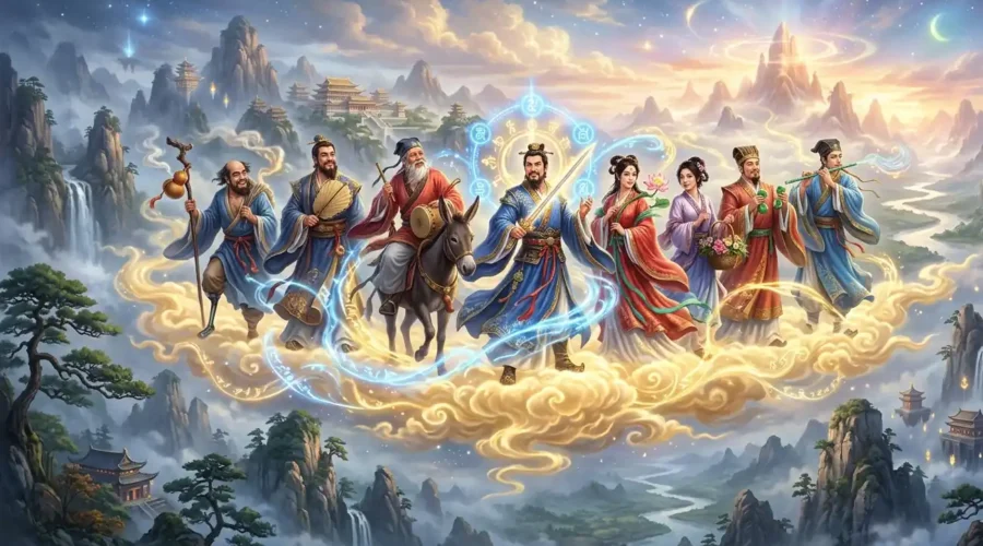 The Eight Immortals gathered together above the clouds.