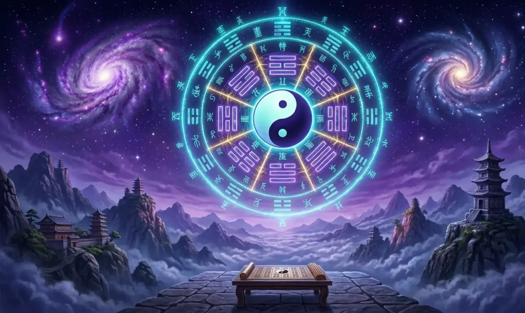 Sacred Bagua symbol shining above mountain landscapes.
