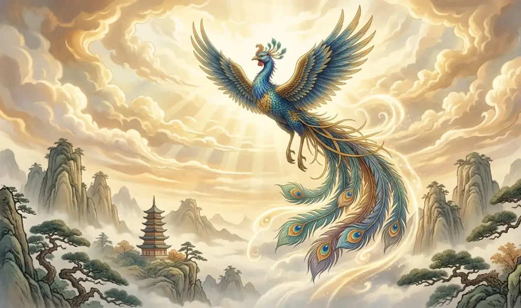 Sacred Fenghuang flying peacefully into the heavens.