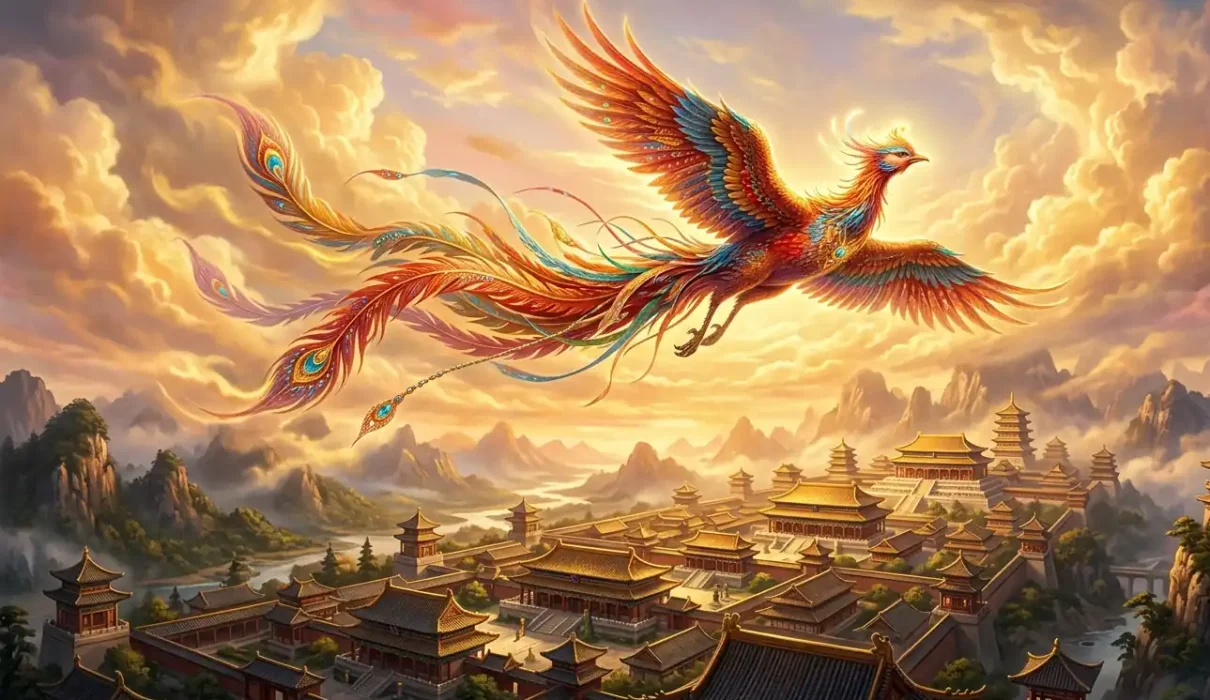 Chinese Phoenix - Fenghuang soaring above ancient Chinese palaces and clouds.