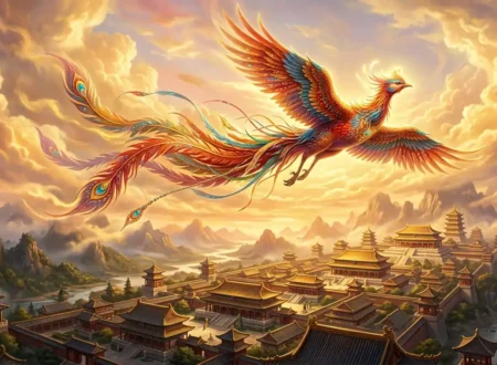 Chinese Phoenix - Fenghuang soaring above ancient Chinese palaces and clouds.