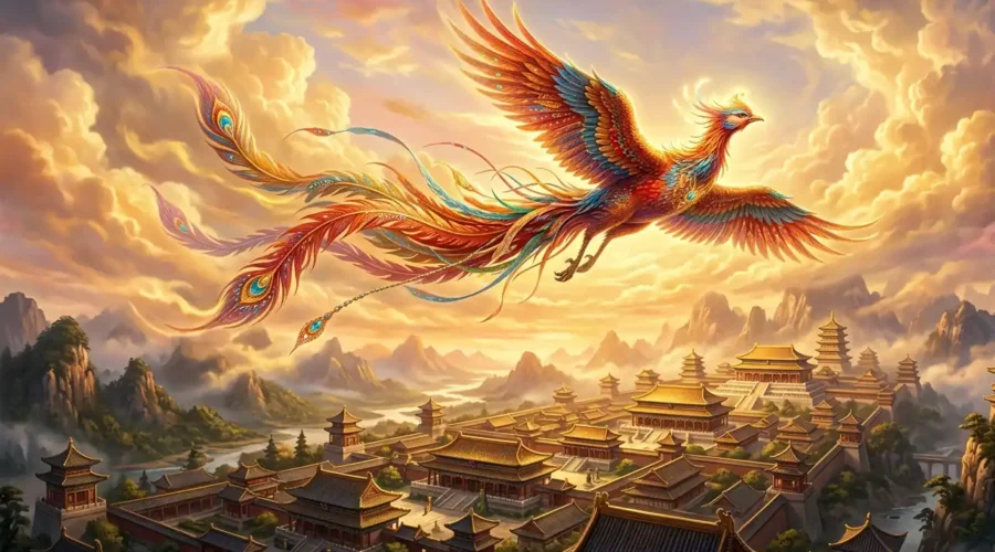 Chinese Phoenix - Fenghuang soaring above ancient Chinese palaces and clouds.