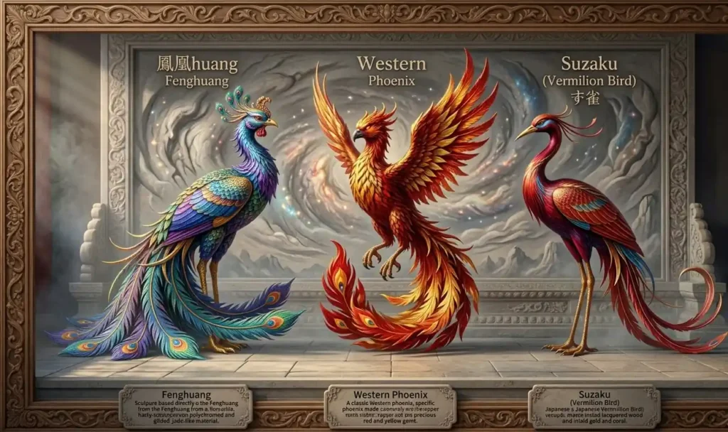Three mythological birds shown together for visual comparison.