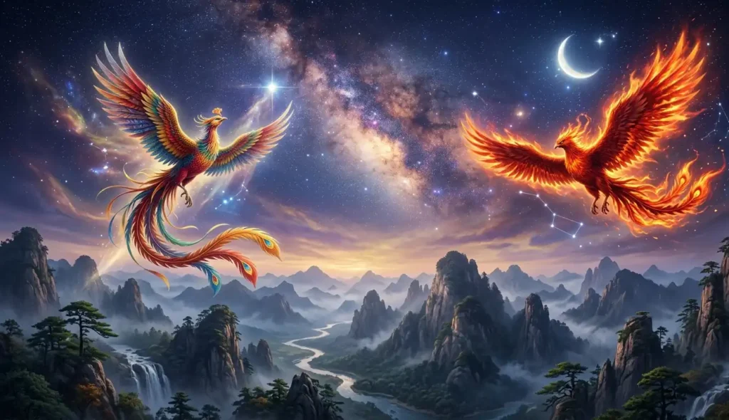 Fenghuang and Vermilion Bird flying in different directions.