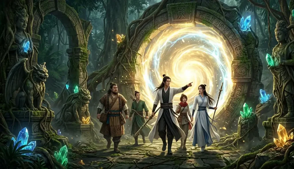 Several cultivators discover a glowing portal to an ancient hidden realm inside overgrown jungle ruins.