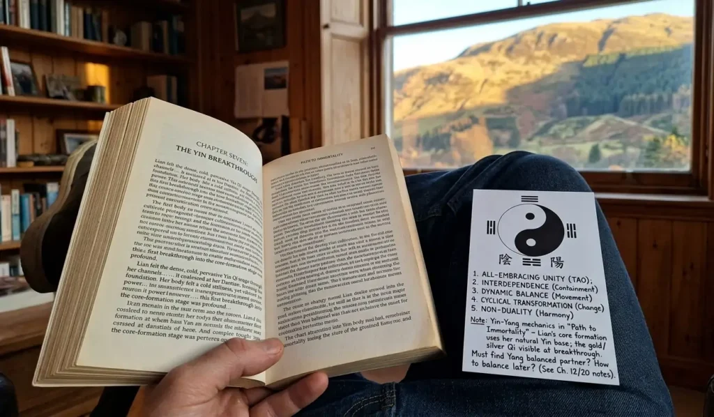 Cultivation novel open beside an annotated taijitu card with a window view of a sunlit and shadowed hillside
