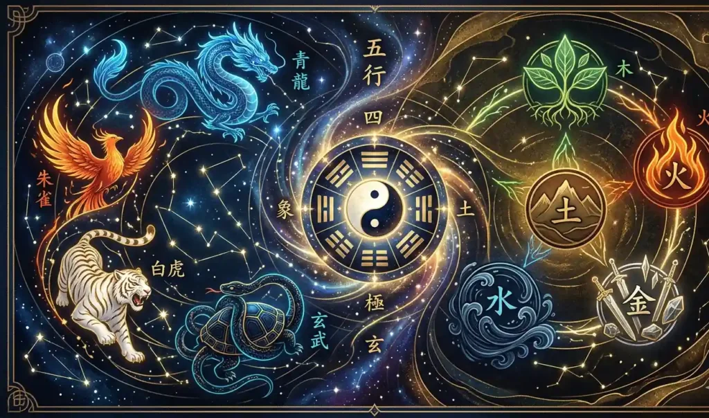 Four Holy Beasts and Five Elements merging into one cosmic Chinese cosmology diagram.