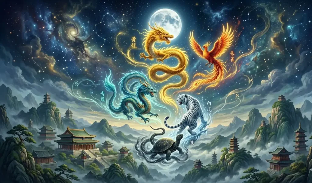 Five sacred beasts ascending into a celestial sky above ancient mountains.
