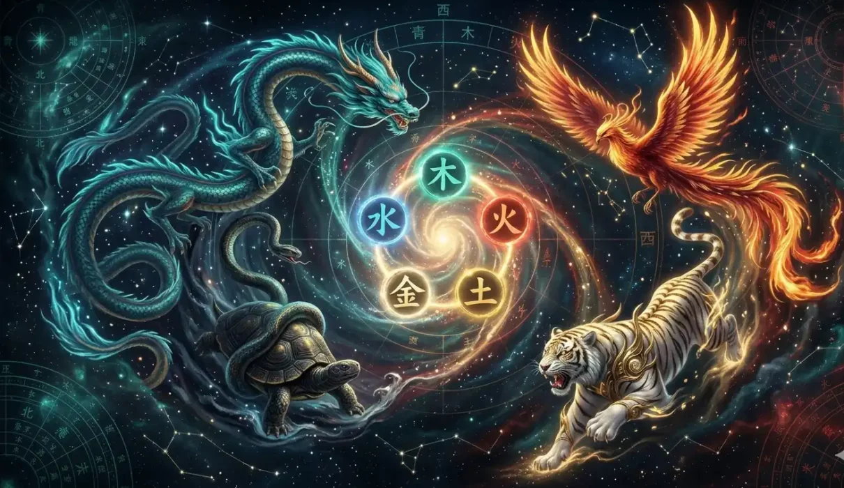 Five Elements & The Four Holy Beasts on a celestial Chinese cosmology map.