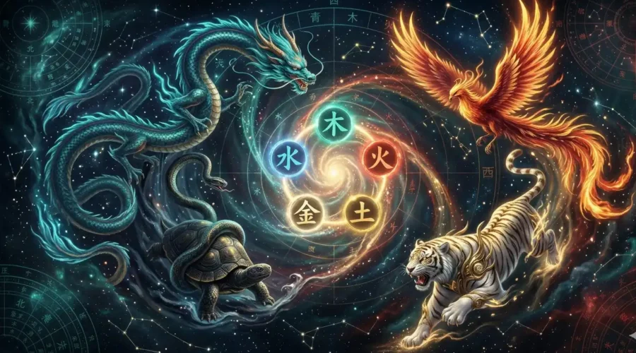 Five Elements & The Four Holy Beasts on a celestial Chinese cosmology map.