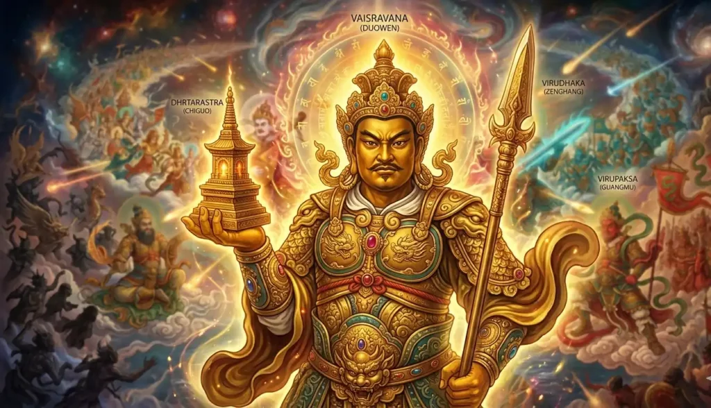 Armored Buddhist king holding weapon and pagoda with aura