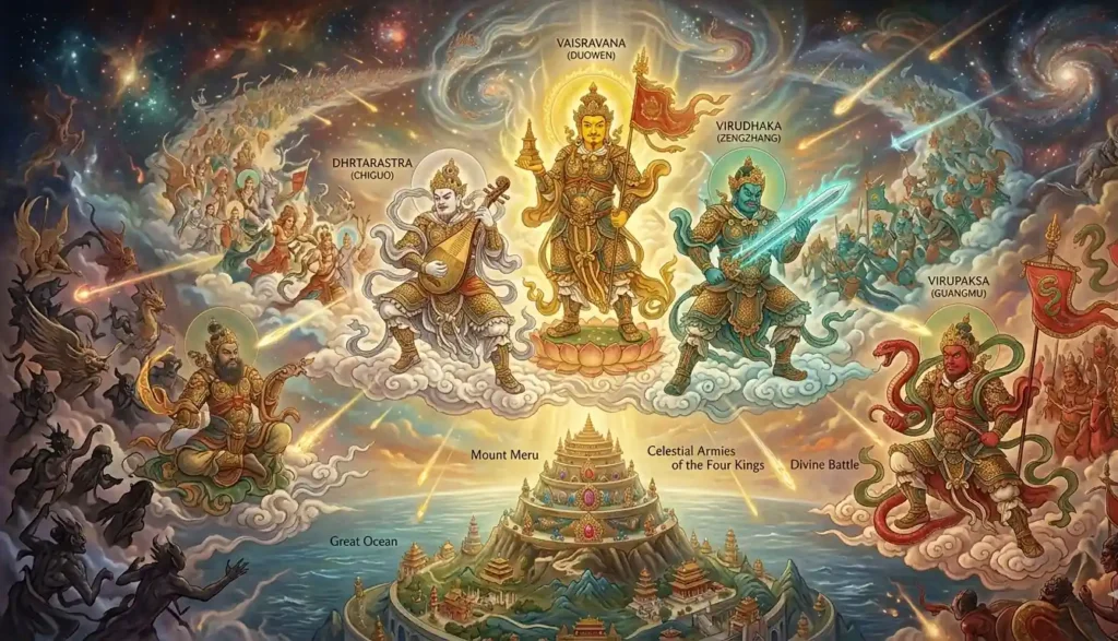 Four divine kings leading celestial forces in the sky
