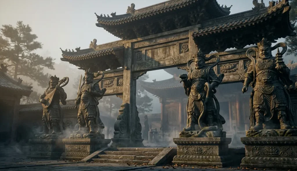 Four guardian statues at a Buddhist temple entrance