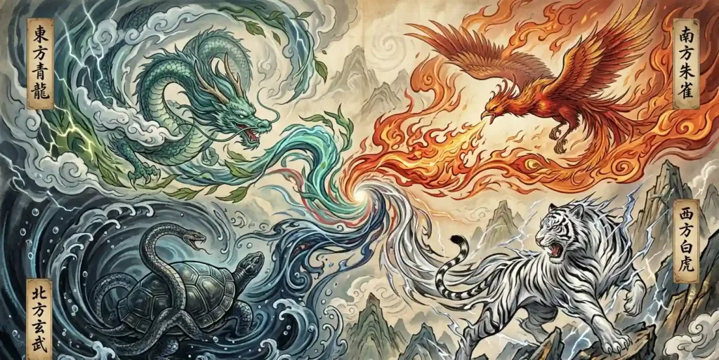 Four mythological animals representing elemental forces in balance