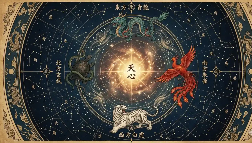 Four sacred beasts forming a cosmic directional circle