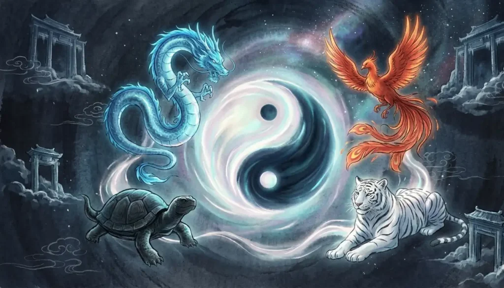 Yin-yang and the four symbols united in a balanced cosmic landscape.