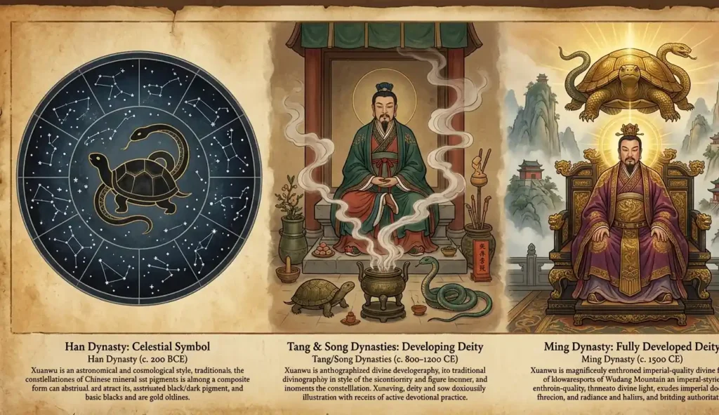 Three panel timeline showing Xuanwu evolving from Han Dynasty astronomical symbol to Tang deity to fully enthroned Ming Dynasty Daoist god