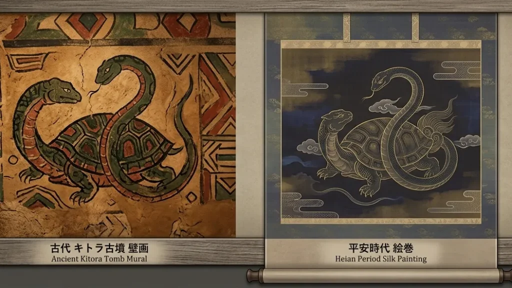 Genbu across three Japanese periods from Kitora Tomb mural art to Heian silk painting