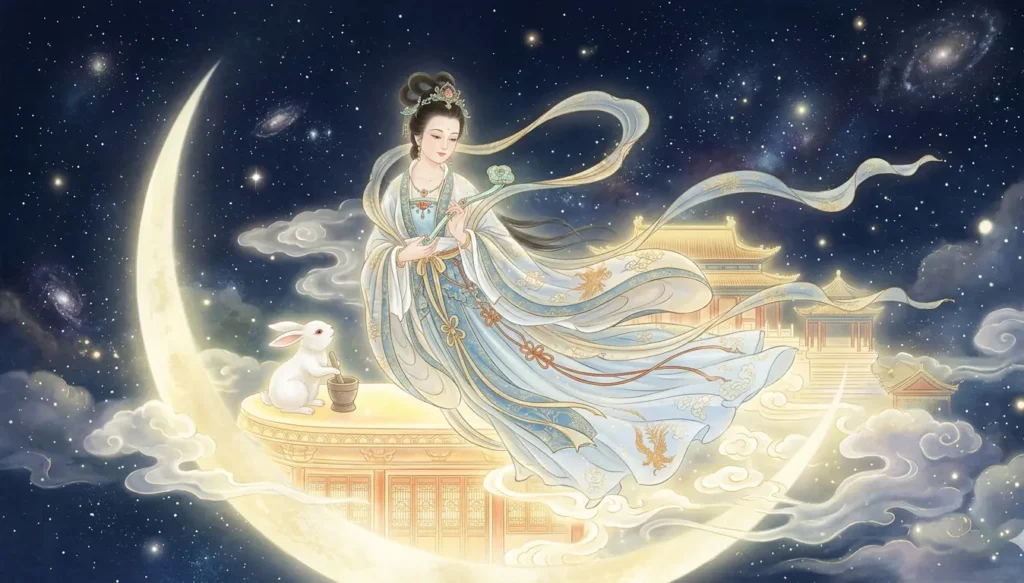 Moon goddess Chang’e floating on the moon palace with jade rabbit under a glowing night sky