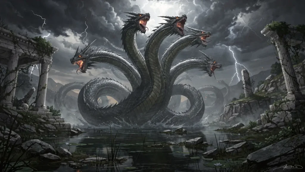 A visual representation of the Greek Hydra in the destroyed city of Athens