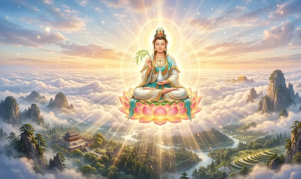 Guanyin surrounded by glowing lotus flowers and light.