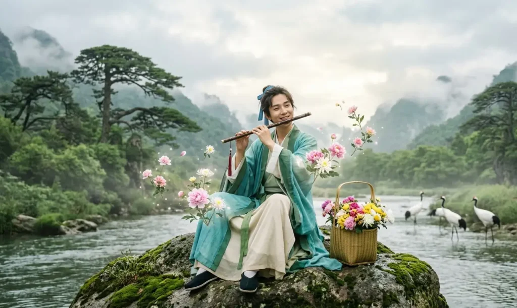 Han Xiang Zi performing music in a bamboo forest.