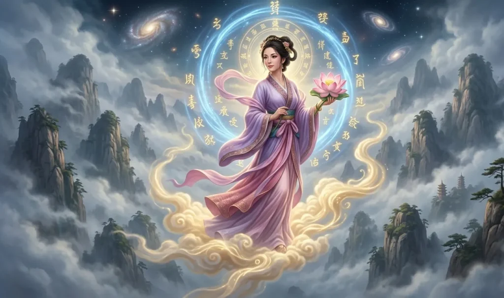 He Xiangu holding a lotus flower among mountain clouds.