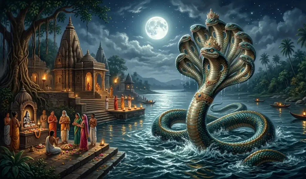 Naga serpent rising from river in sacred night scene
