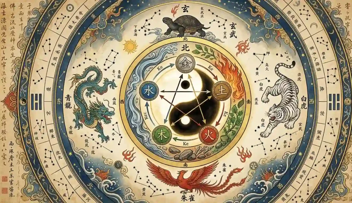 Unified diagram connecting Yin Yang, 5 Elements, and Four Symbols.