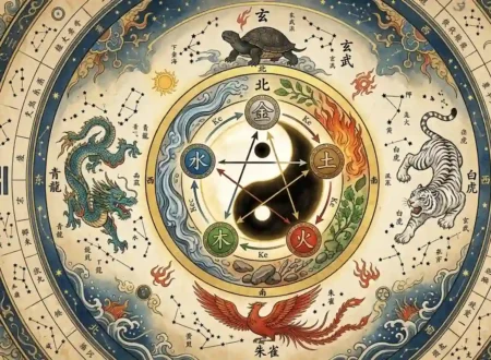Unified diagram connecting Yin Yang, 5 Elements, and Four Symbols.