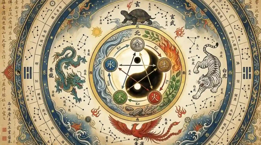 Unified diagram connecting Yin Yang, 5 Elements, and Four Symbols.