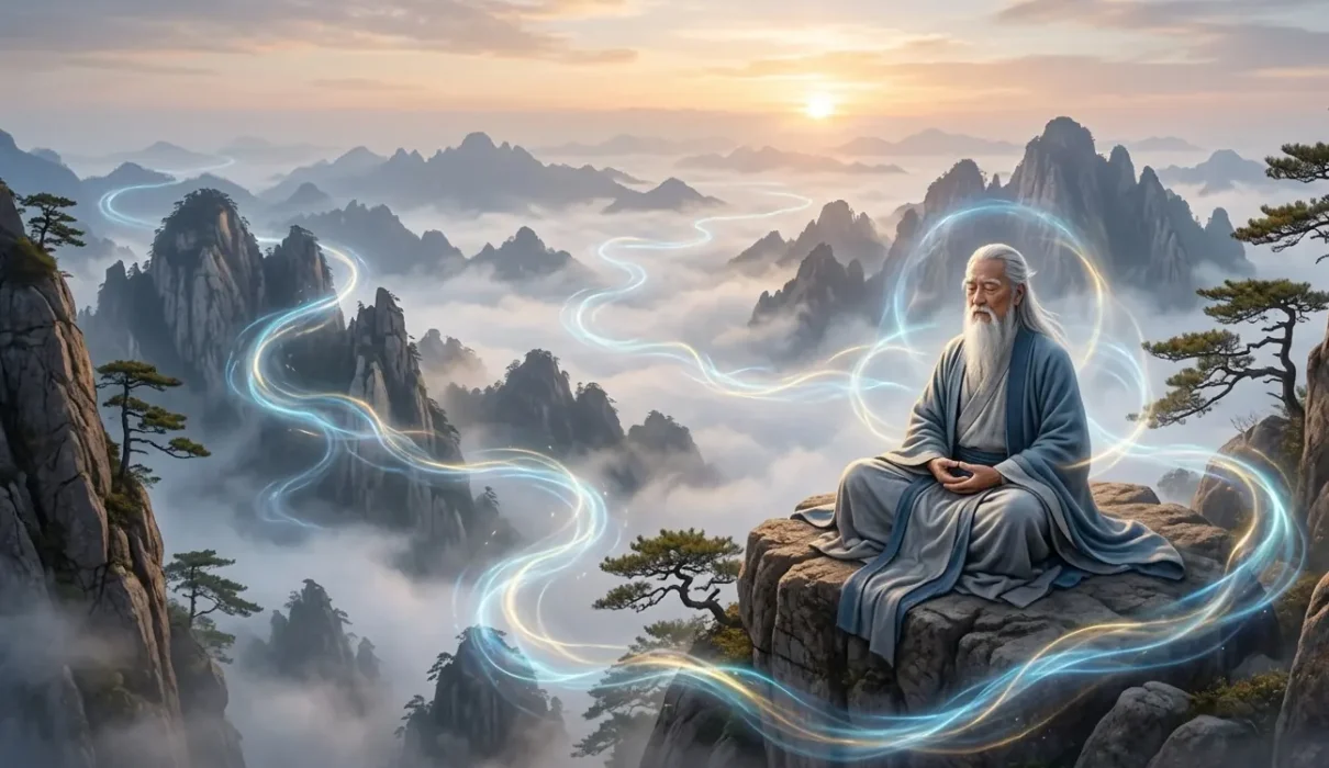 Sage is doing Daoist meditation in the mountains surrounded by energy.