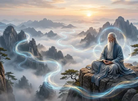 Sage is doing Daoist meditation in the mountains surrounded by energy.