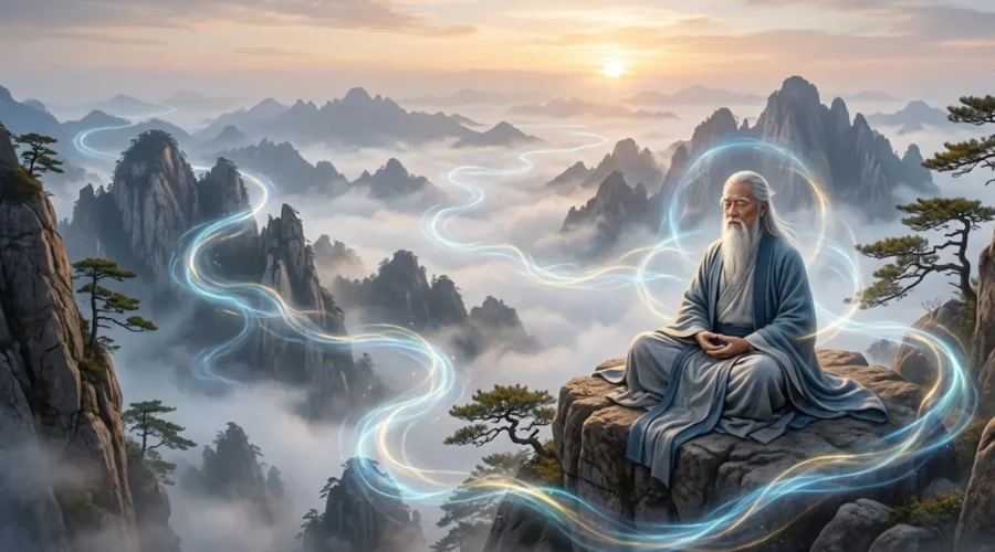 Sage is doing Daoist meditation in the mountains surrounded by energy.
