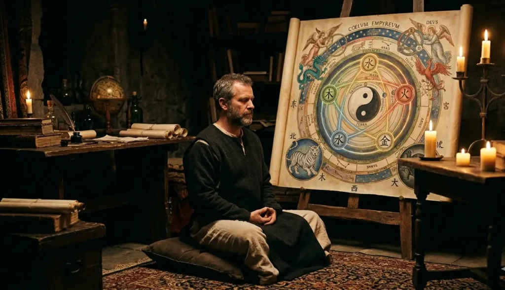 Scholar reflecting on the interconnected Chinese cosmology system.