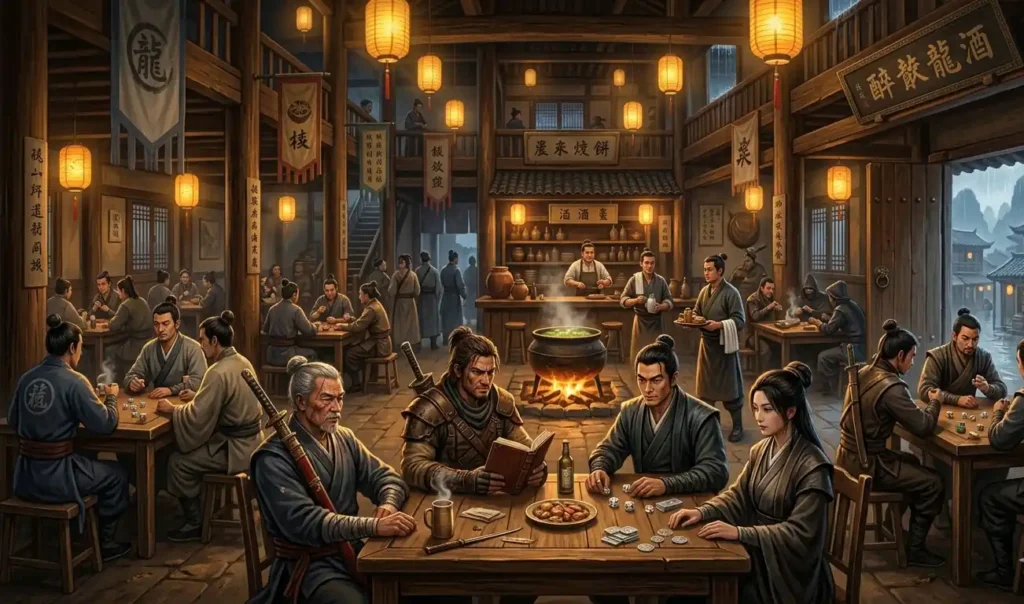 Martial artists exchanging secrets inside a crowded Jianghu inn.
