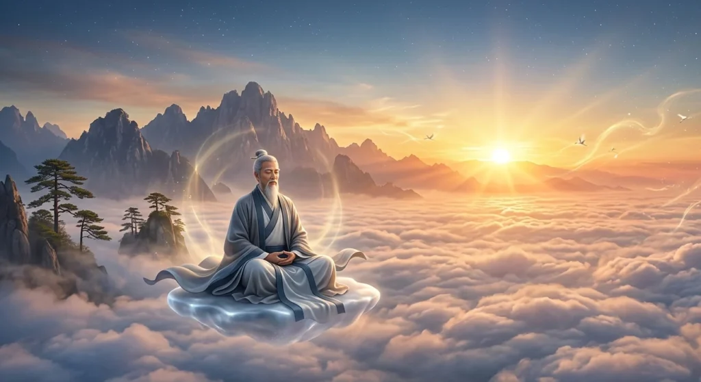 Daoist immortal meditating peacefully above the clouds at sunrise.