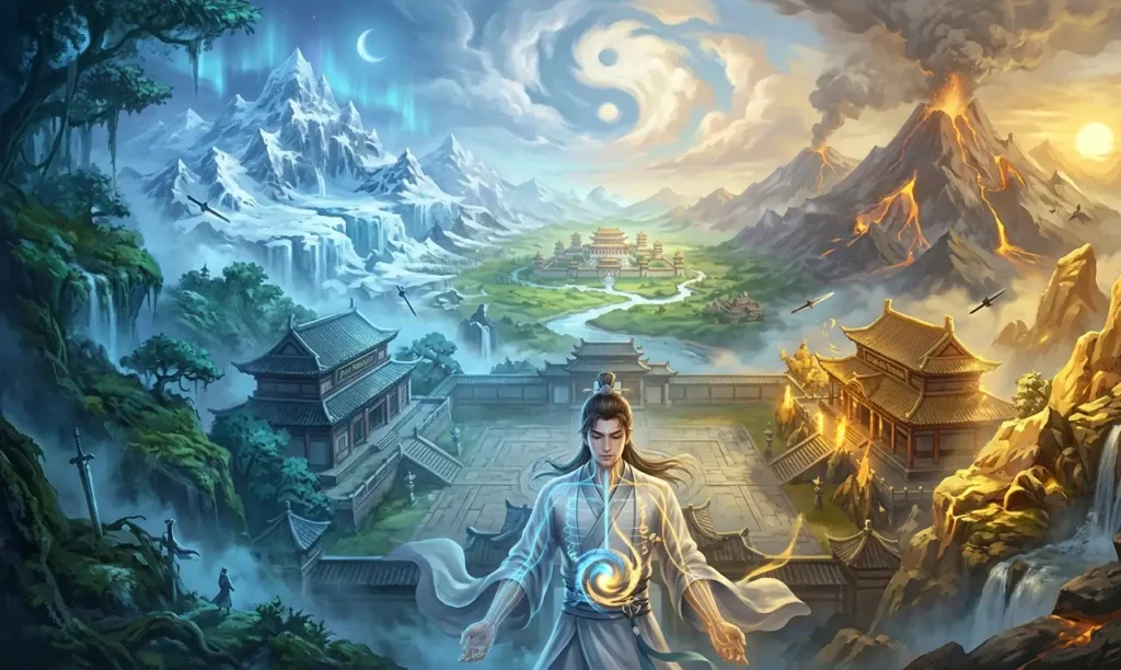 Cultivation world panorama showing yin yang expressed at three scales from cultivator body meridians to sect halls