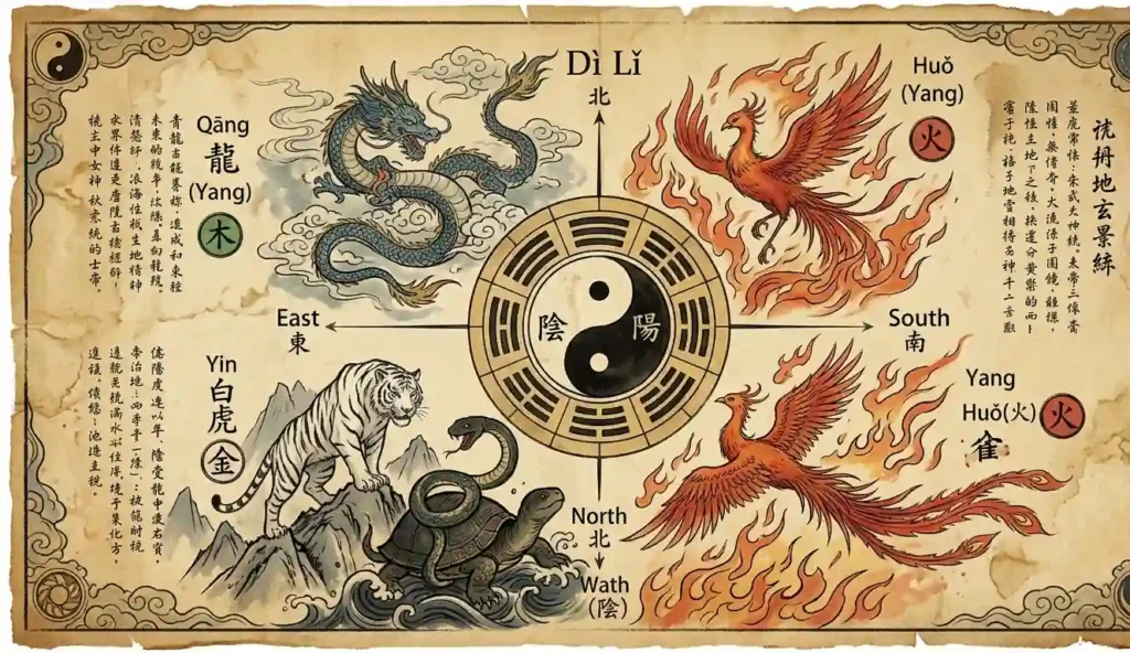 The four symbols marked with yin and yang qualities and elements.