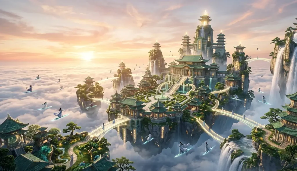 An enormous floating cultivation sect with jade palaces and flying disciples hovers above the clouds during sunrise.