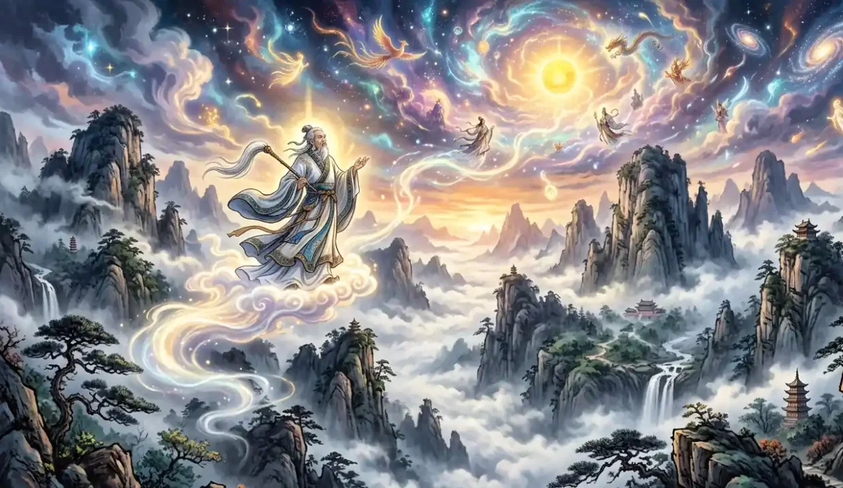 How to become immortal - Daoist immortal ascending above sacred mountains into the heavens.